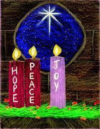 Three Advent Candles lit hope, peace, & joy