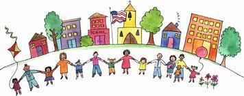 Community clip art of people and buildings